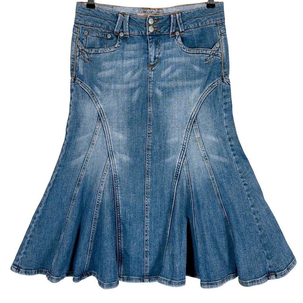 Candies Y2K Vintage Denim Mermaid Midi Skirt Small Juniors 7 Stretch Low Rise